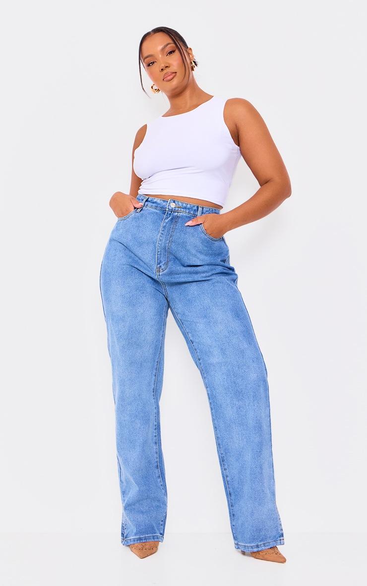 Pretty Little Thing Plus Mid Wash Split Hem Jeans