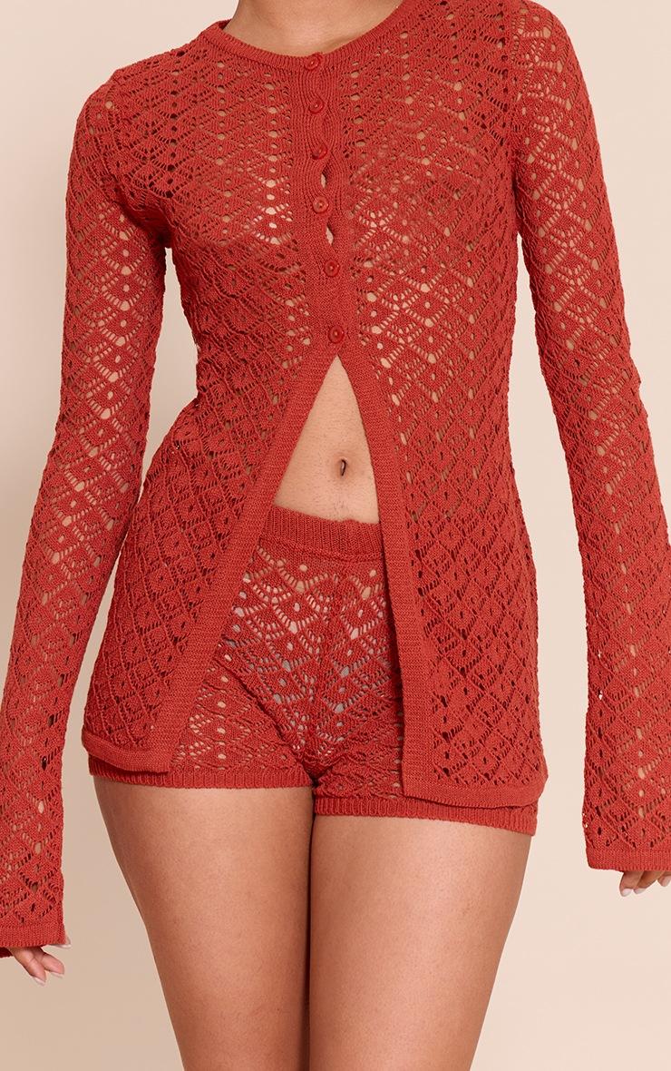 Pretty Little Thing Rust Crochet Knit Mini Shorts