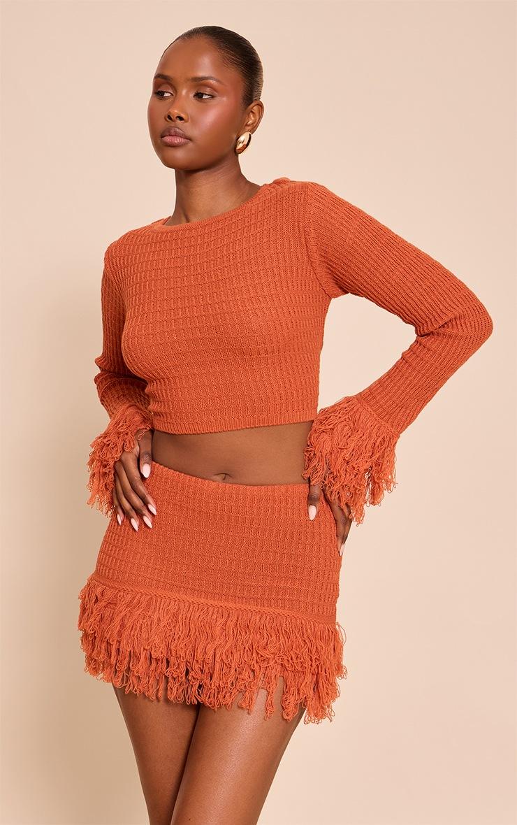 Pretty Little Thing Rust Tassel Cuff Cropped Top