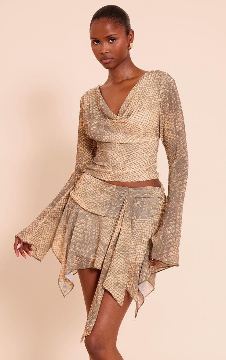 Pretty Little Thing Stone Snake Print Cowl Shirt