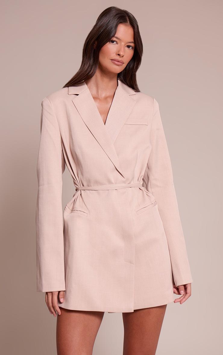 Pretty Little Thing Stone Woven Tie Blazer Dress