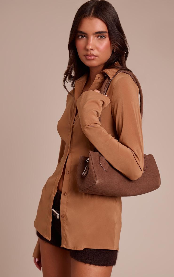 Pretty Little Thing Tan Chiffon Fitted Shirt