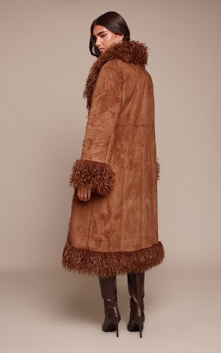 Pretty Little Thing Tan Faux Fur Trim Maxi Coat