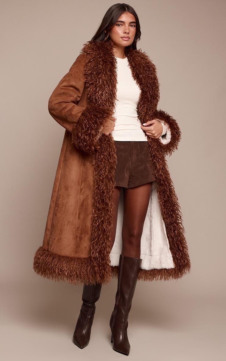 Pretty Little Thing Tan Faux Fur Trim Maxi Coat