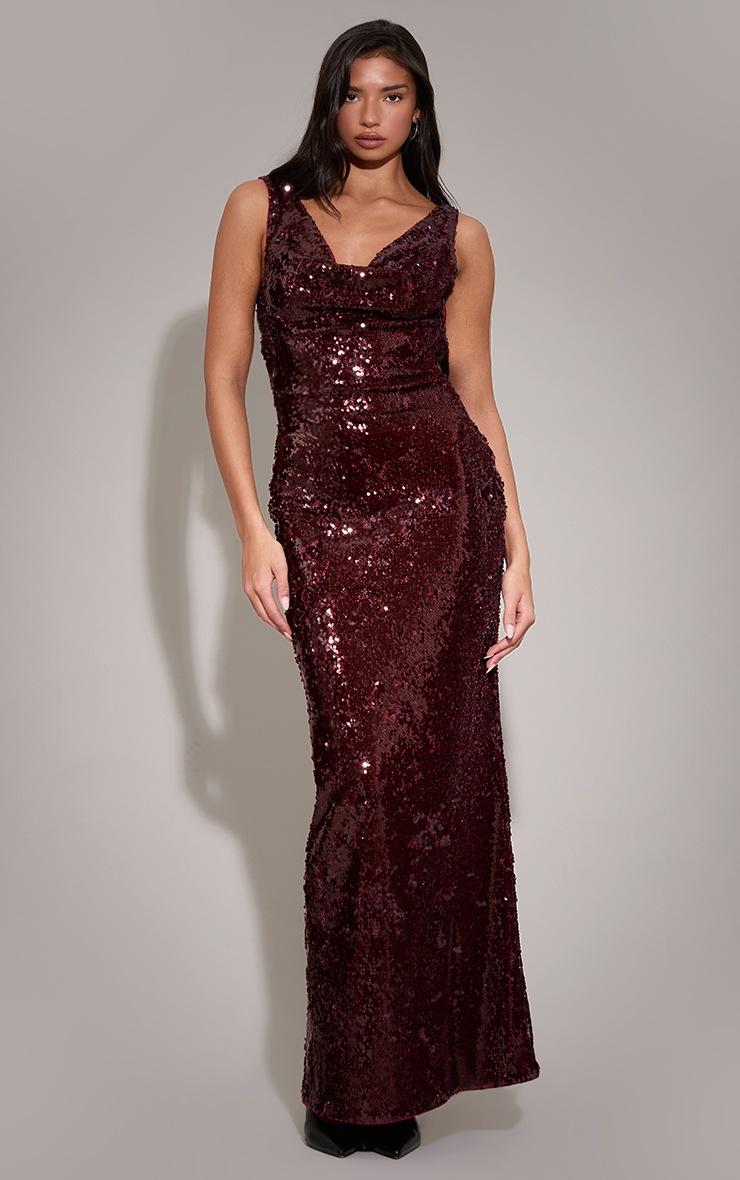 Pretty Little Thing Wine Sequin Cowl Maxi Dress