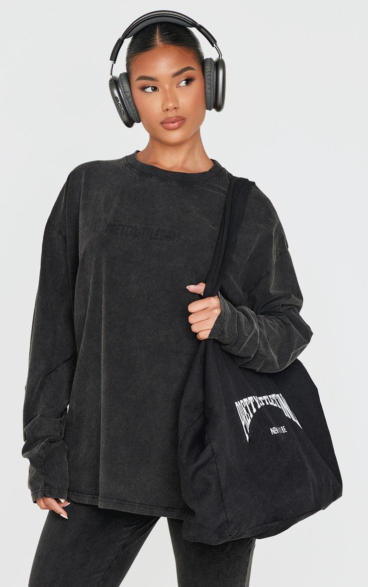 Pretty Little Thing PRETTYLITTLETHING Black Embossed Logo Washed Long Sleeve T-shirt