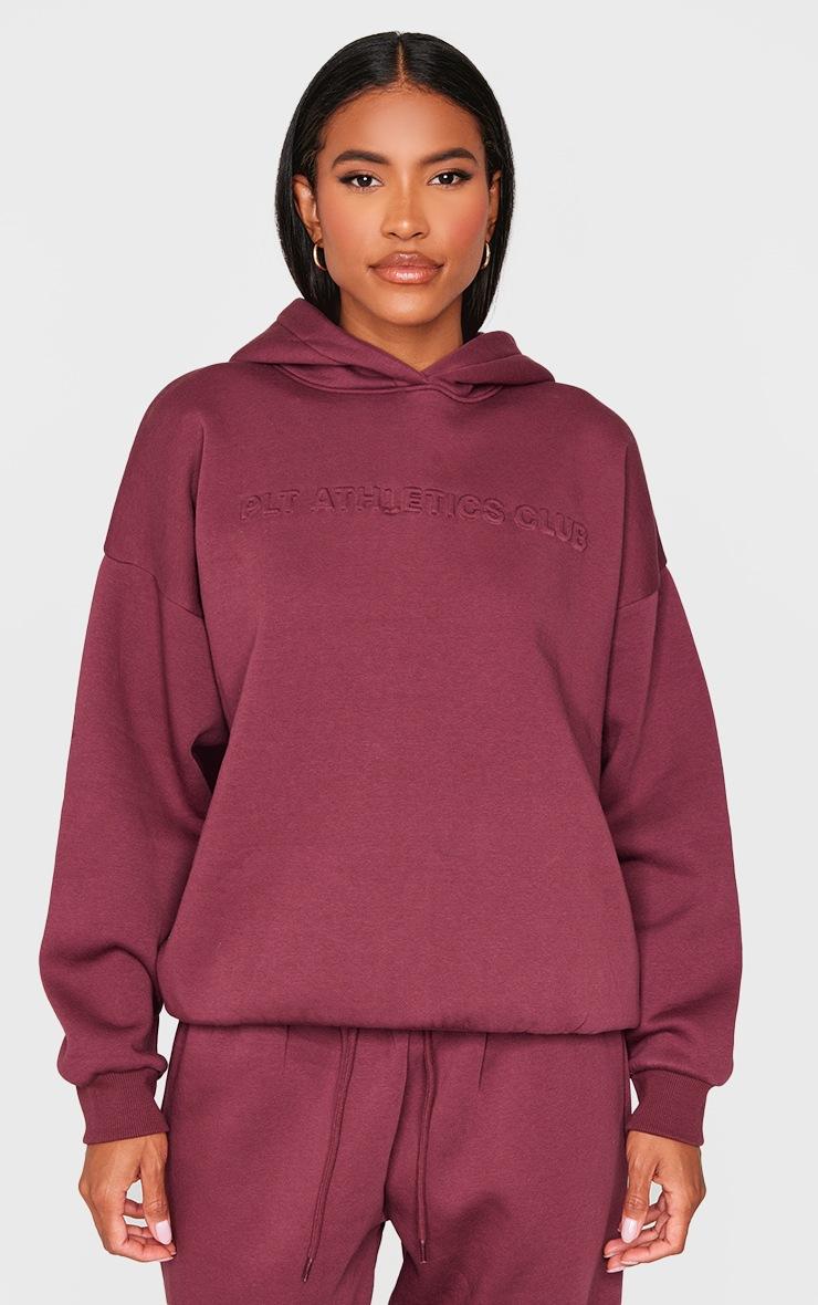 Pretty Little Thing PRETTYLITTLETHING Burgundy Athletics Club Embossed Graphic Oversized Hoodie