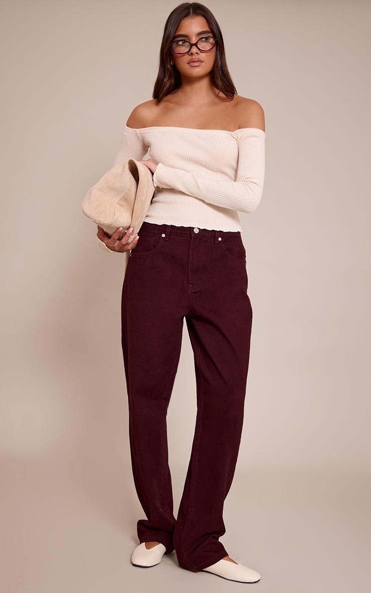 Pretty Little Thing PRETTYLITTLETHING Burgundy Mid Rise Boyfriend Jeans