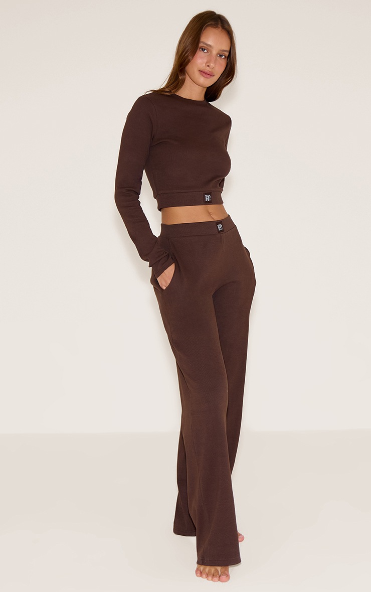 Pretty Little Thing PrettyLittleThing Chocolate Sleep Rib Tonal Elastic Wide Leg Pants