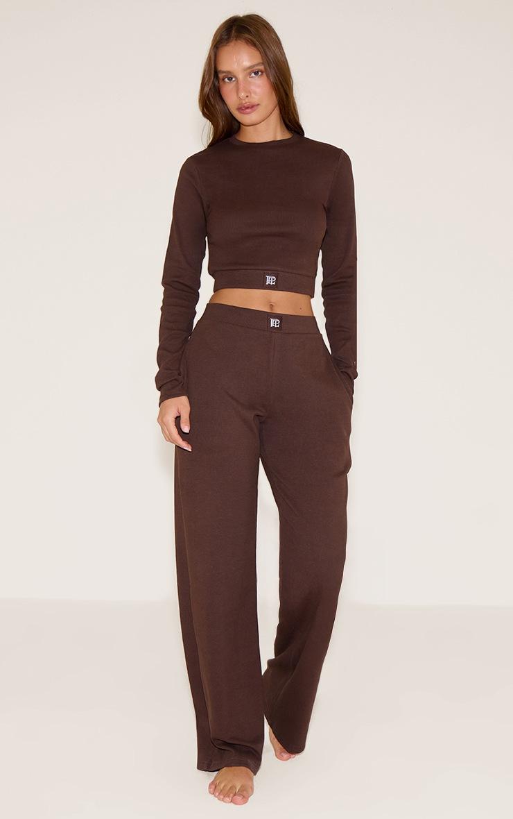 Pretty Little Thing PrettyLittleThing Chocolate Sleep Rib Tonal Elastic Wide Leg Pants