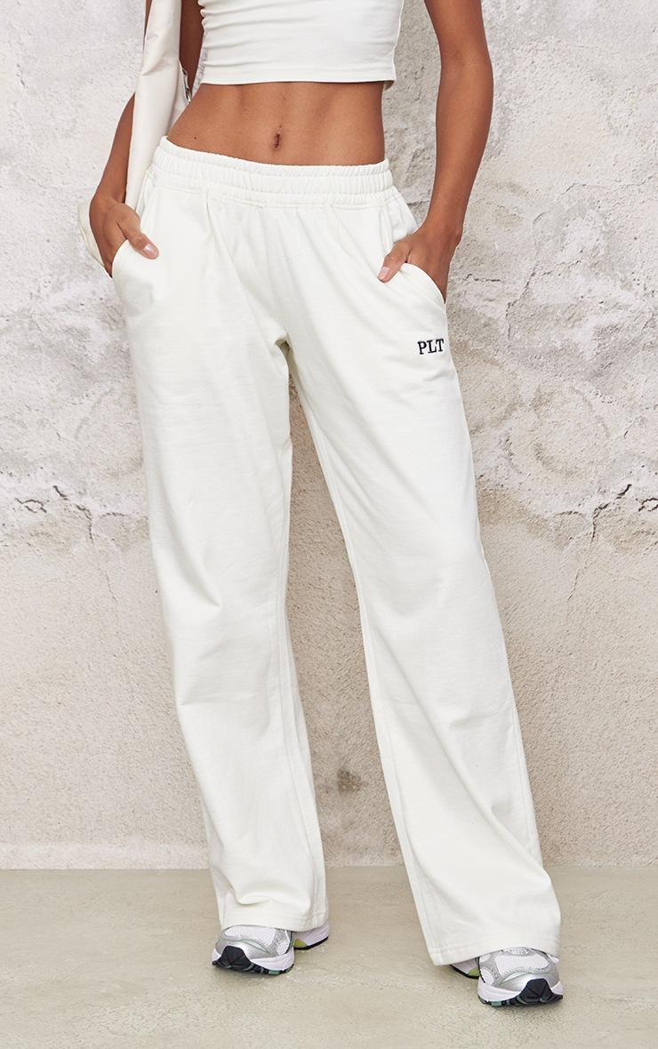 Pretty Little Thing PRETTYLITTLETHING Cream Contrast Embroidery Wide Leg Low Rise Sweatpants