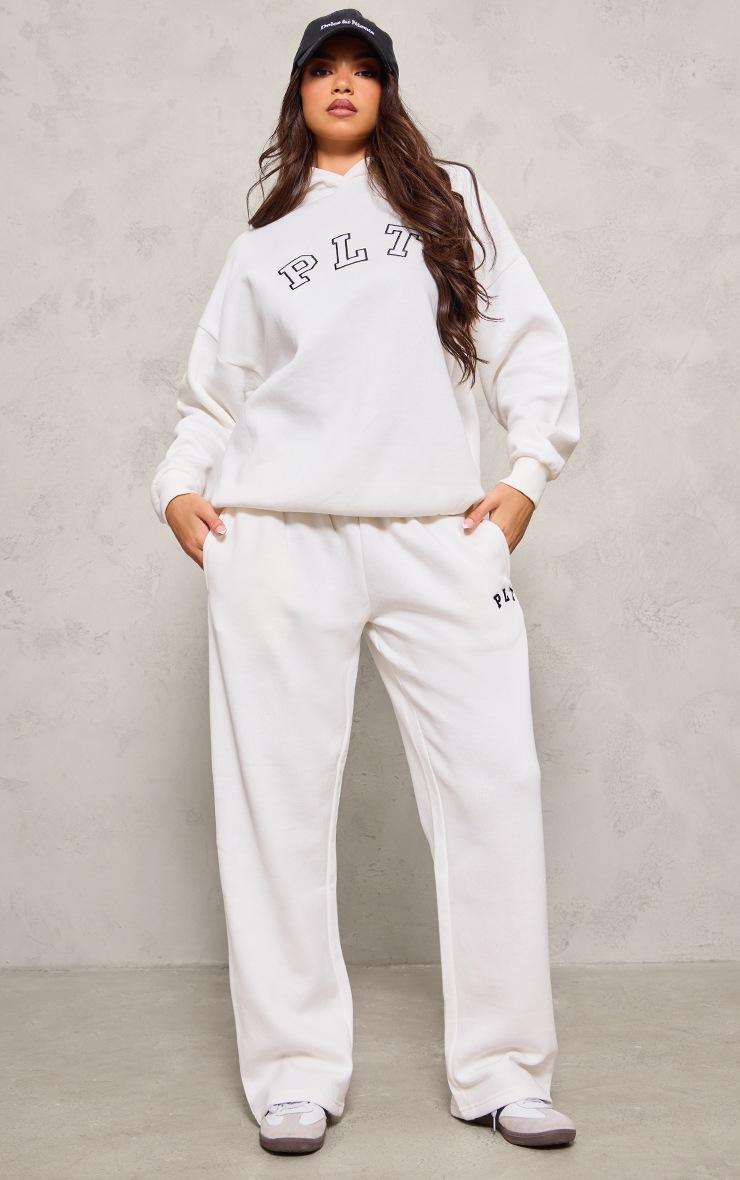 Pretty Little Thing PRETTYLITTLETHING Cream Logo Oversized Wide Leg Sweatpants