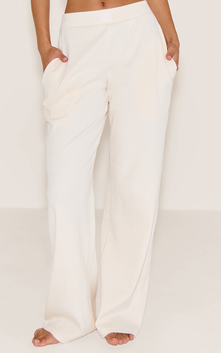 Pretty Little Thing PrettyLittleThing Cream Sleep Rib Tonal Elastic Wide Leg Pants