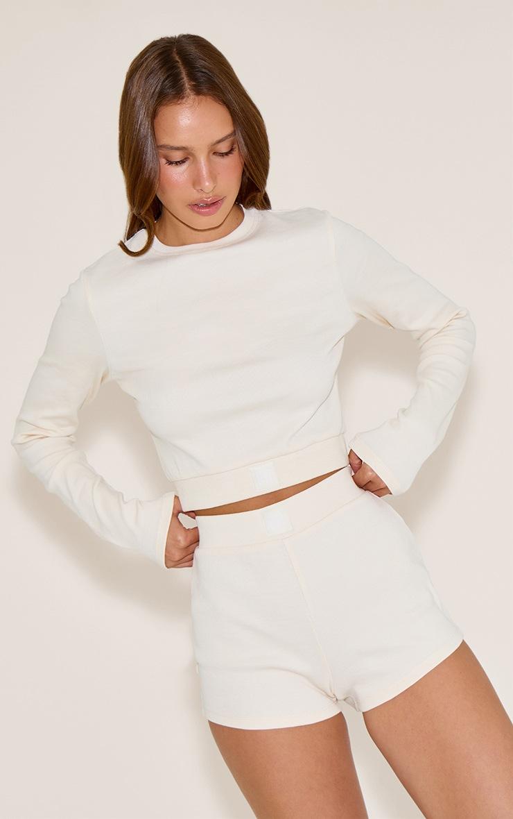 Pretty Little Thing PrettyLittleThing Cream Sleep Tonal Elastic Long Sleeve Top