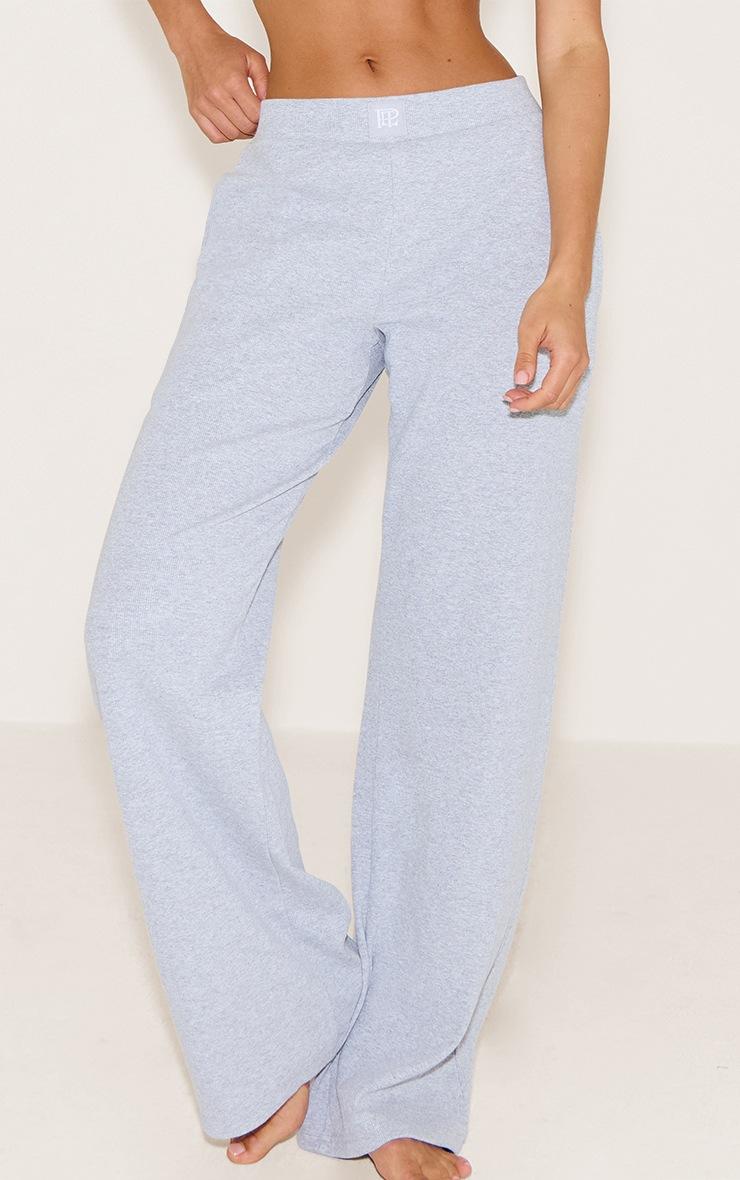 Pretty Little Thing PrettyLittleThing Grey Sleep Rib Tonal Elastic Wide Leg Pants