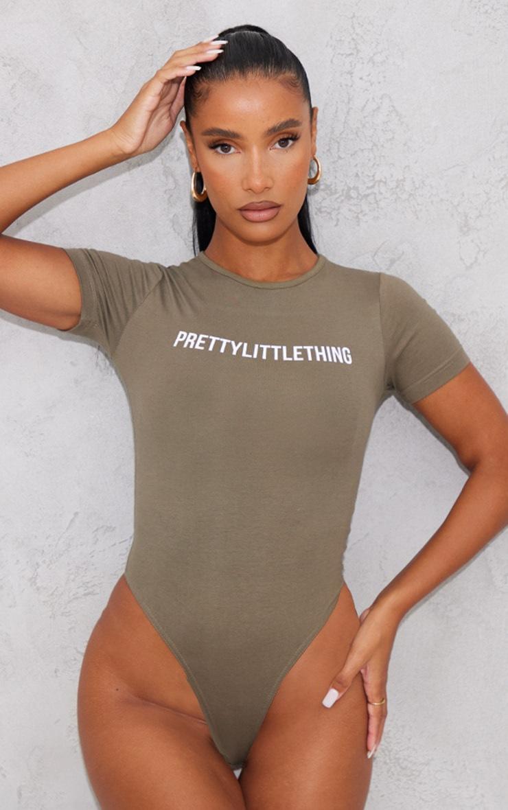 Pretty Little Thing PRETTYLITTLETHING Logo Sage Khaki Short Sleeve Bodysuit