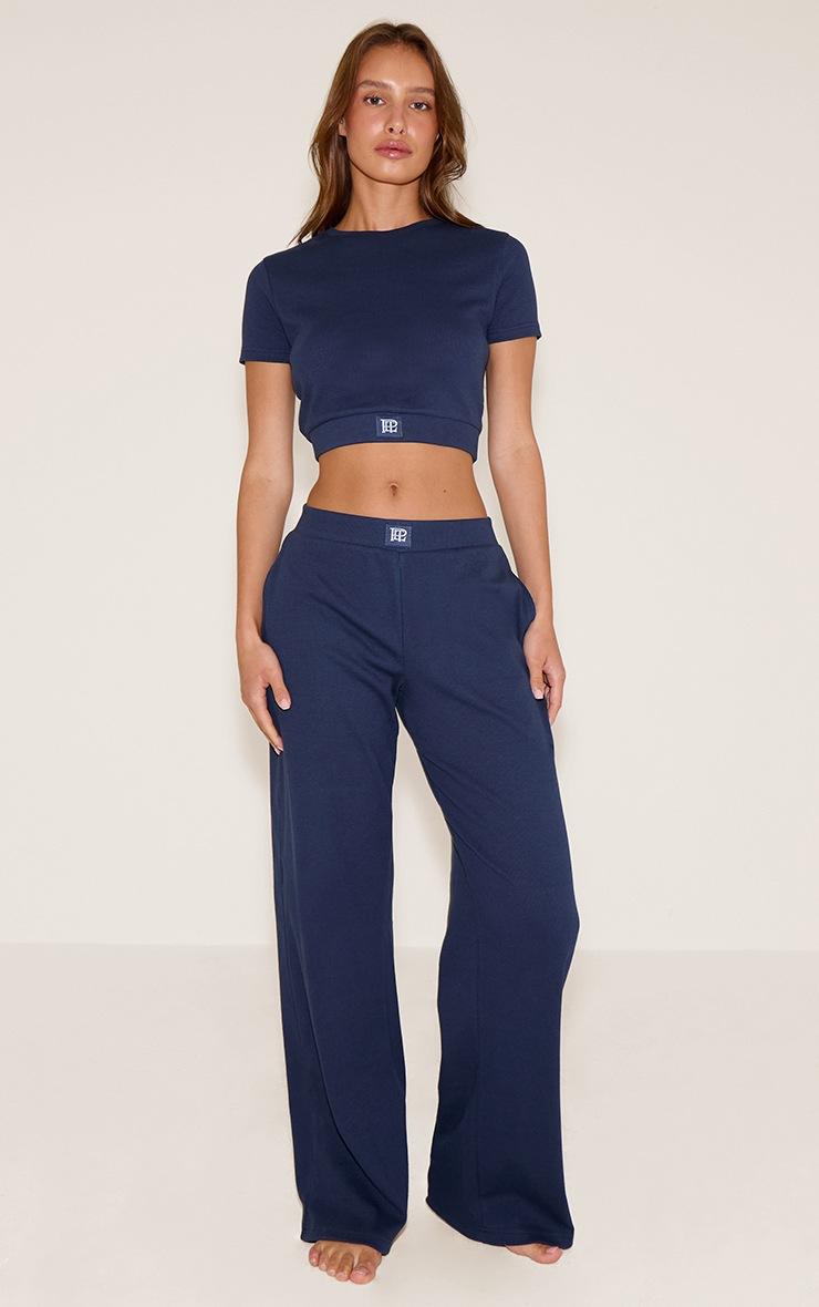 Pretty Little Thing PrettyLittleThing Navy Sleep Rib Tonal Elastic Wide Leg Pants