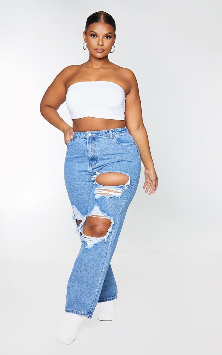 Pretty Little Thing PRETTYLITTLETHING Plus Mid Blue Ripped Straight Leg Jeans