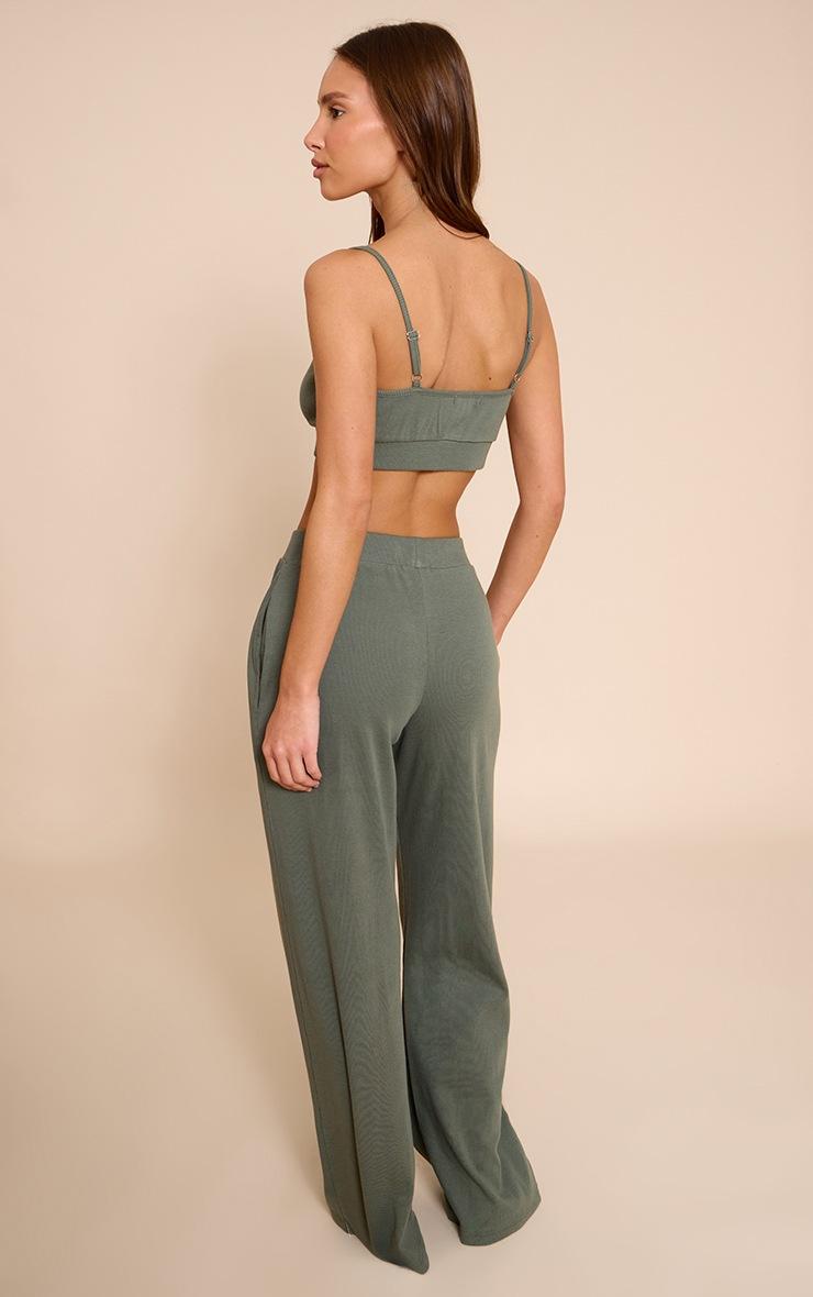 Pretty Little Thing PrettyLittleThing Sage Green Sleep Rib Tonal Elastic Wide Leg Pants
