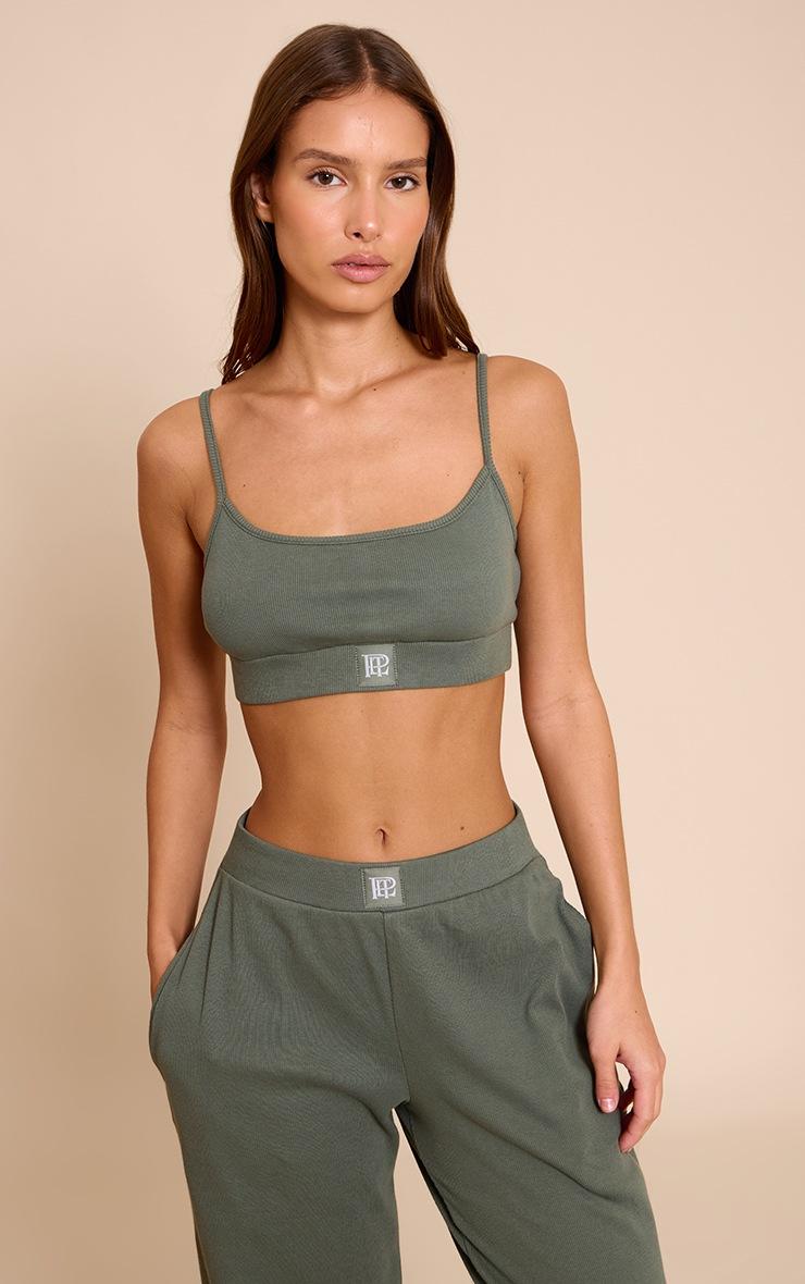 Pretty Little Thing PrettyLittleThing Sage Green Sleep Rib Tonal Elastic Bralet
