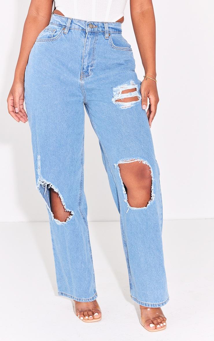 Pretty Little Thing PRETTYLITTLETHING Shape Light Blue High Waist Ripped Wide Leg Jeans