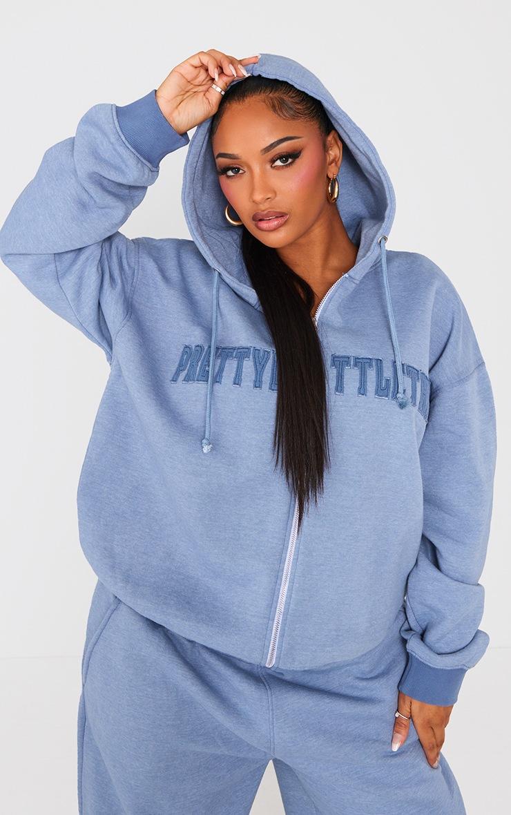 Pretty Little Thing PRETTYLITTLETHING Shape Petrol Blue Embroidery Washed Zip Through Hoodie