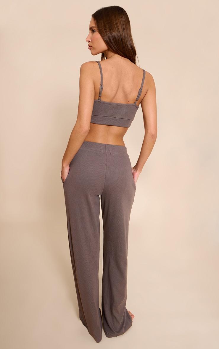 Pretty Little Thing PrettyLittleThing Taupe Sleep Rib Tonal Elastic Wide Leg Pants