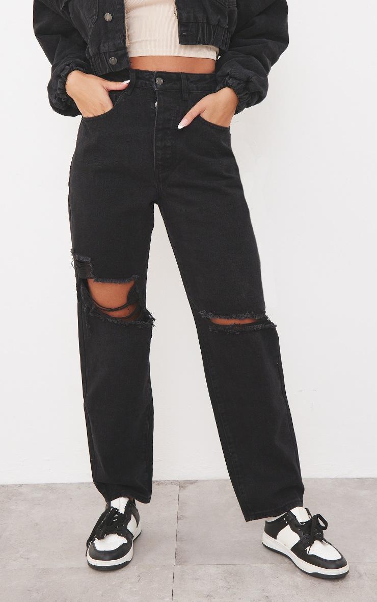 Pretty Little Thing PRETTYLITTLETHING Washed Black Knee Rip Boyfriend Jeans