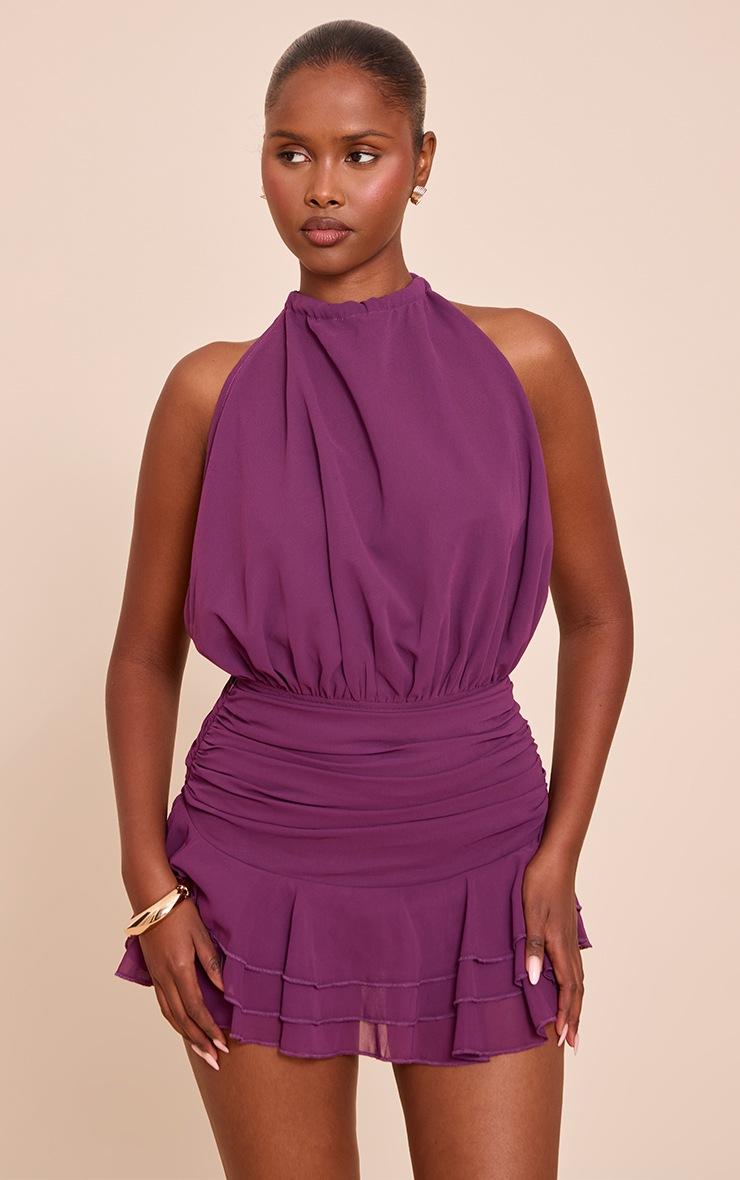 Pretty Little Thing Purple Chiffon High Neck Frill Romper