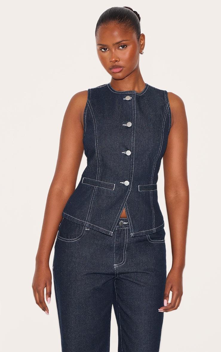 Pretty Little Thing Raw Indigo Round Neck Longline Denim Vest