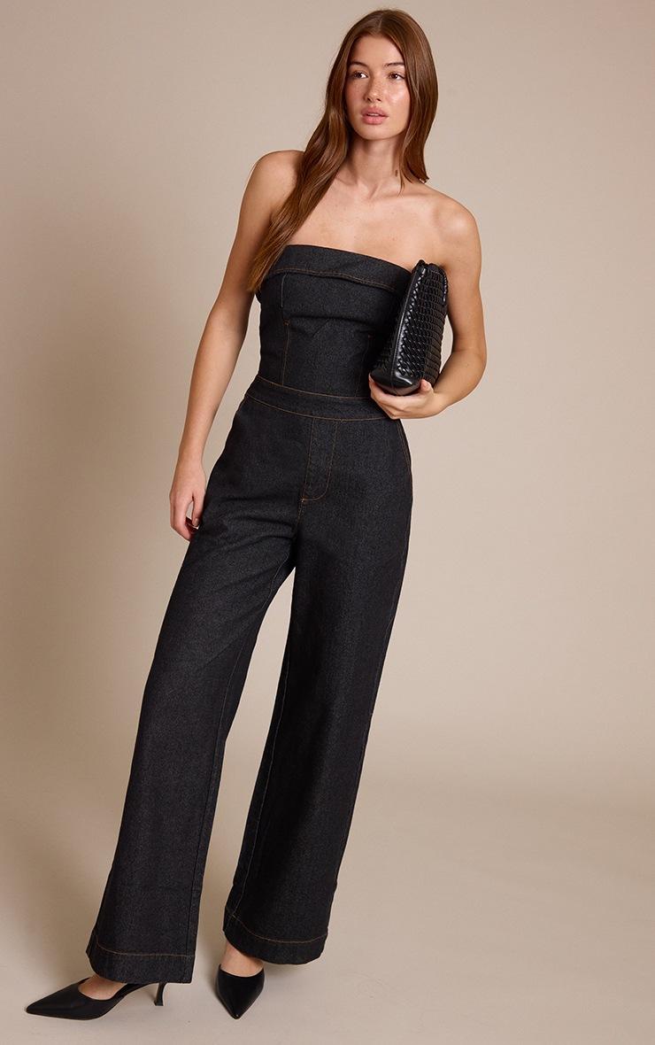 Pretty Little Thing Raw Indigo Wash Fold Over Bandeau Denim Jumpsuit