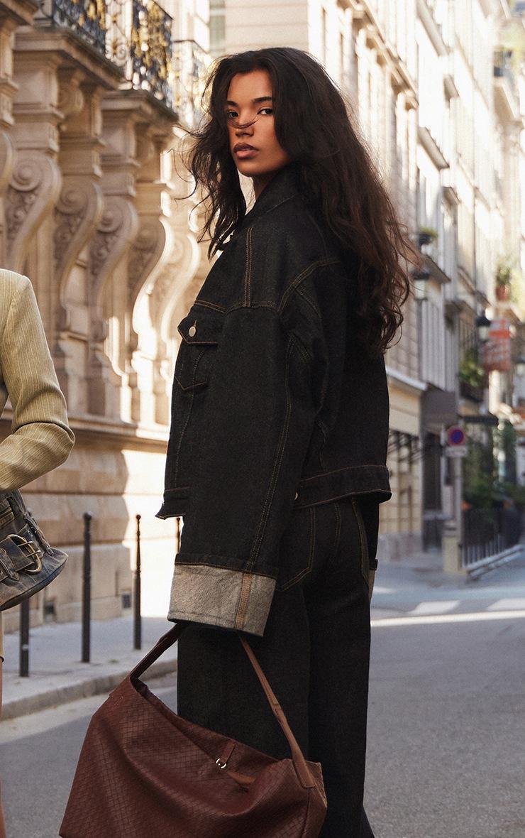 Pretty Little Thing Raw Indigo Wash Turn Up Cuff Contrast Stitch Denim Jacket