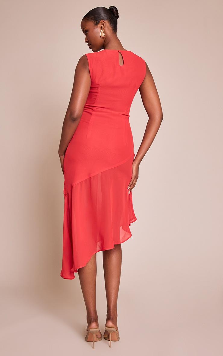 Pretty Little Thing Red Chiffon Boat Neck Asymmetric Midi Dress
