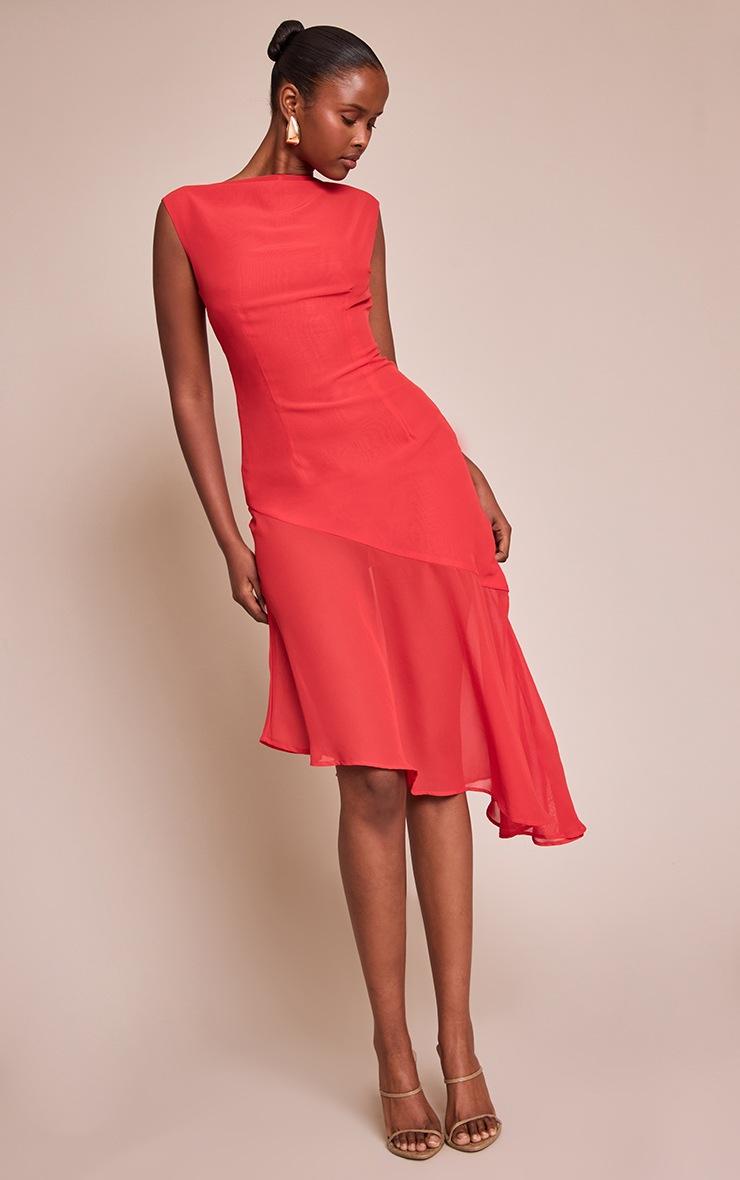 Pretty Little Thing Red Chiffon Boat Neck Asymmetric Midi Dress