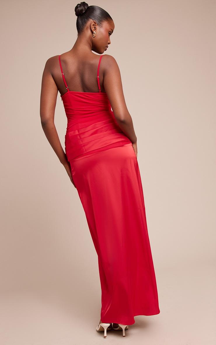 Pretty Little Thing Red Chiffon Dropped Waist Ruched Detail Maxi Dress