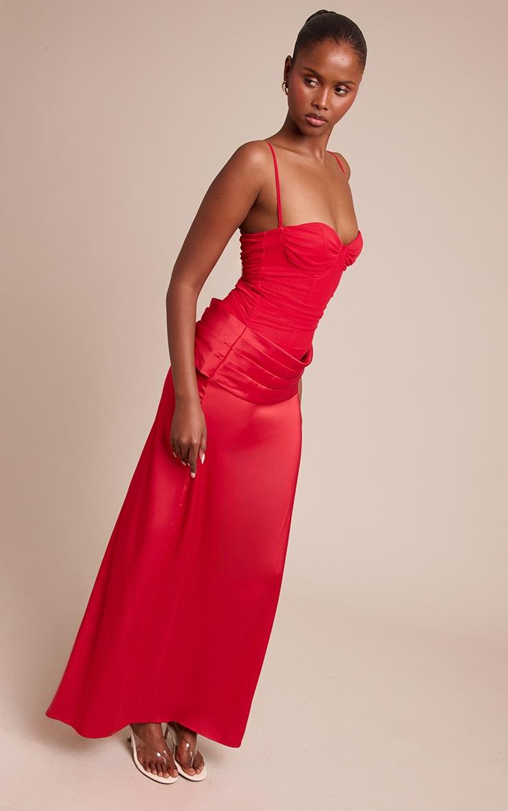 Pretty Little Thing Red Chiffon Dropped Waist Ruched Detail Maxi Dress