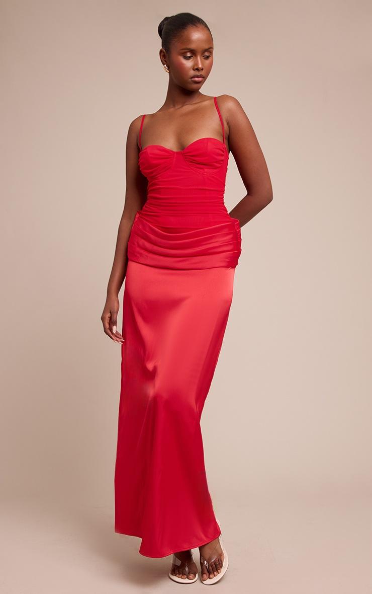 Pretty Little Thing Red Chiffon Dropped Waist Ruched Detail Maxi Dress