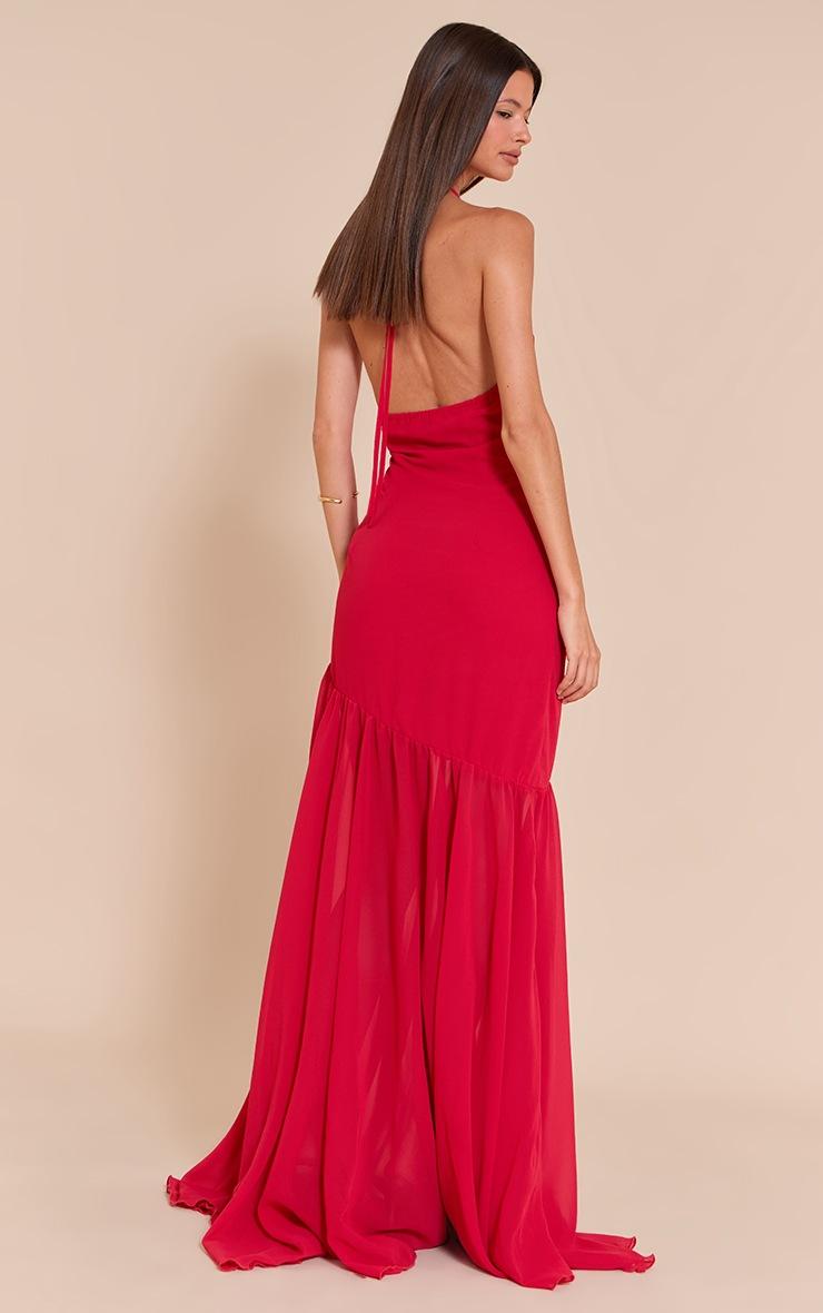 Pretty Little Thing Red Chiffon Halterneck Dropped Waist Maxi Dress