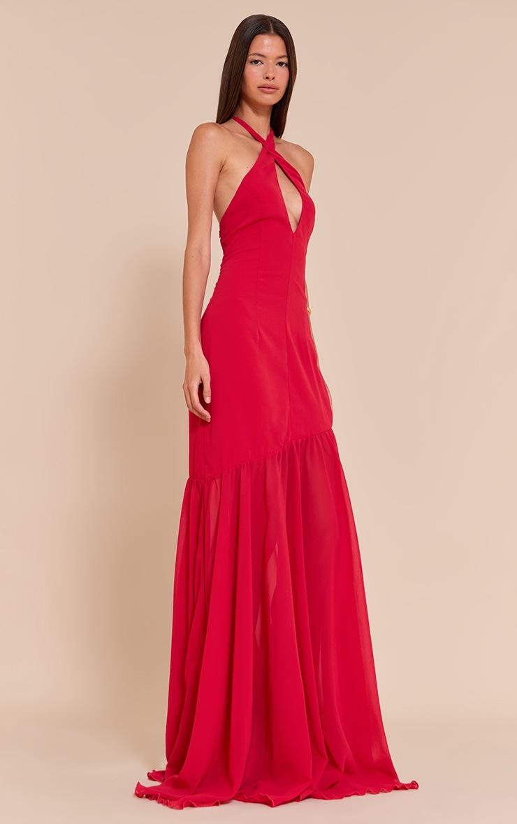 Pretty Little Thing Red Chiffon Halterneck Dropped Waist Maxi Dress