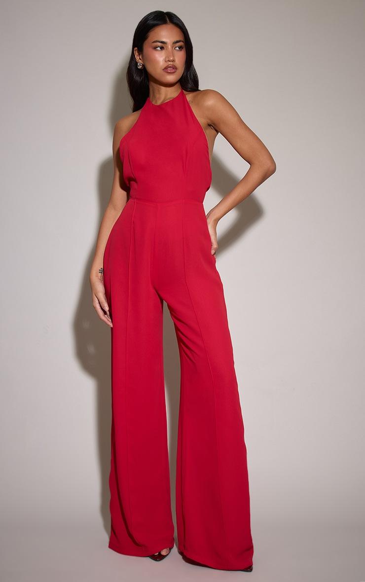 Pretty Little Thing Red Chiffon Halterneck Straight Leg Jumpsuit