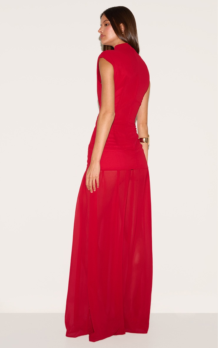 Pretty Little Thing Red Chiffon Ruched Dropped Waist Sleeveless Maxi Dress
