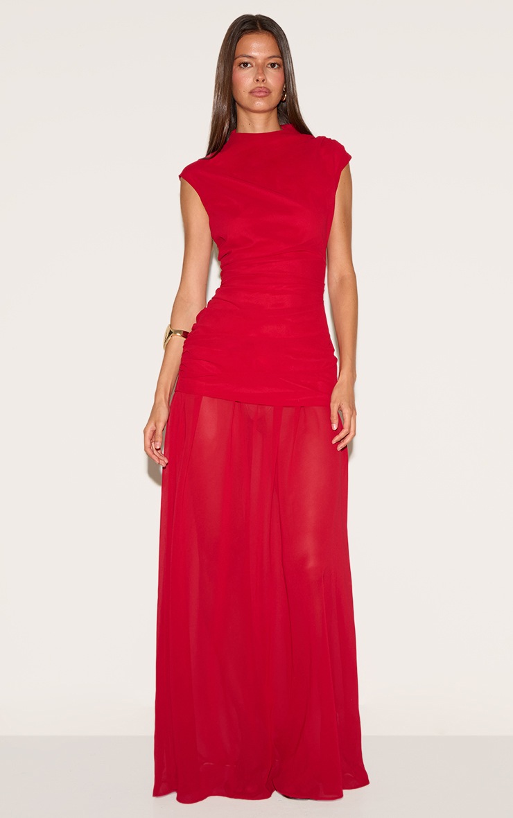 Pretty Little Thing Red Chiffon Ruched Dropped Waist Sleeveless Maxi Dress