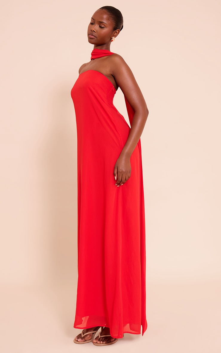 Pretty Little Thing Red Chiffon Scarf Detail Bandeau Column Dress