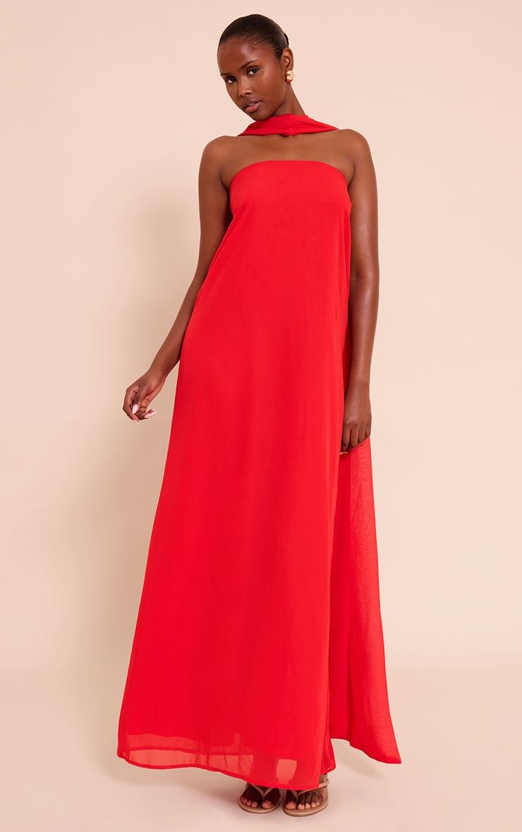 Pretty Little Thing Red Chiffon Scarf Detail Bandeau Column Dress