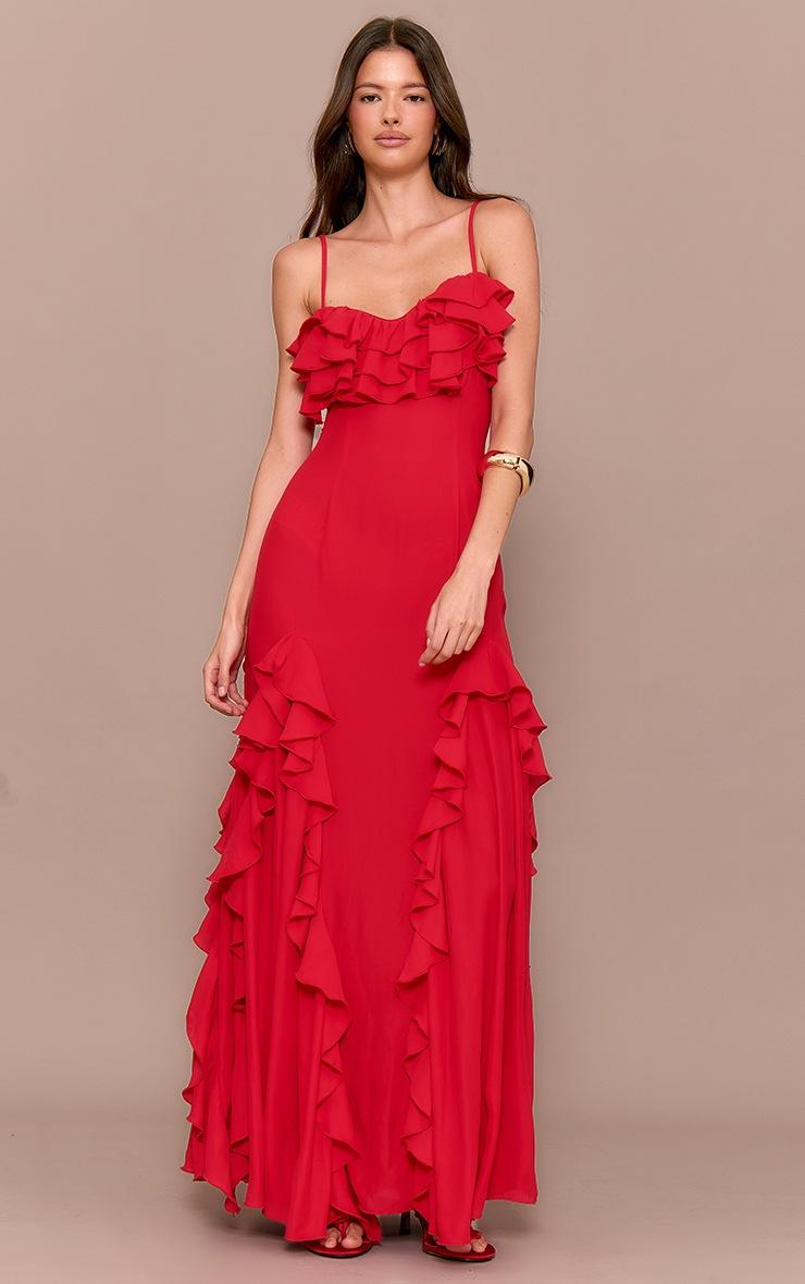 Pretty Little Thing Red Frill Cup Detail Maxi Dress