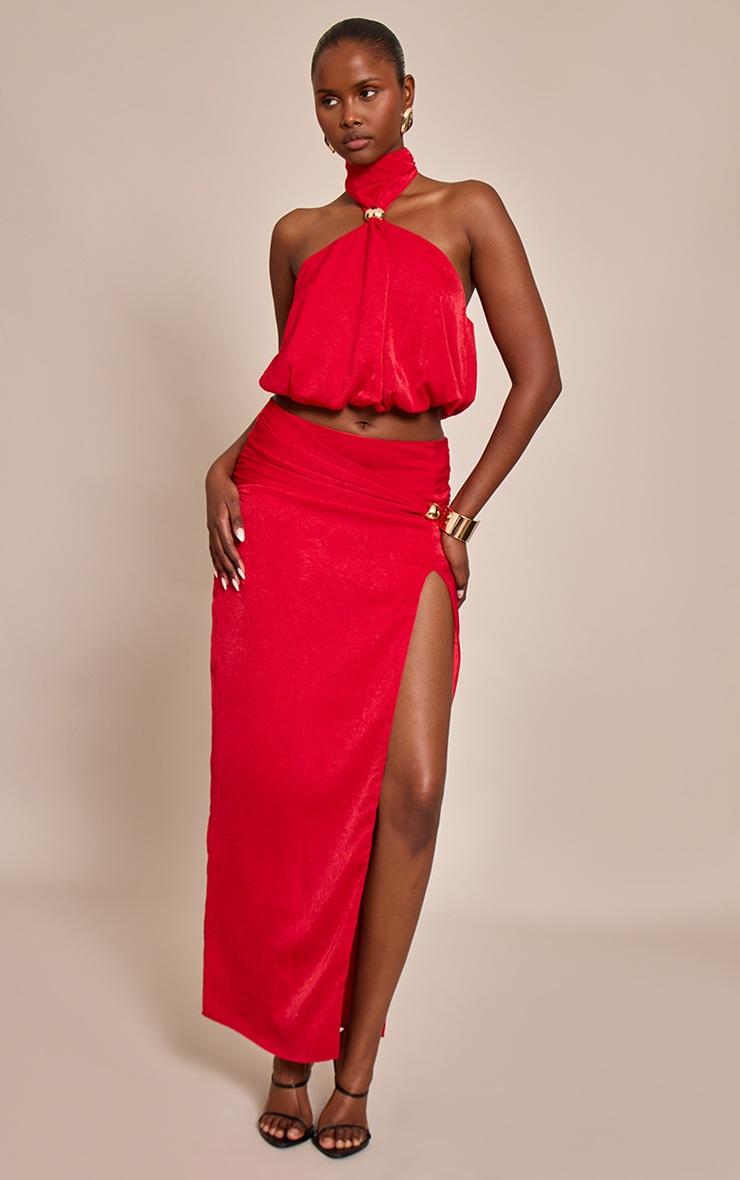 Pretty Little Thing Red Hardware Detail Split Detail Maxi Skirt