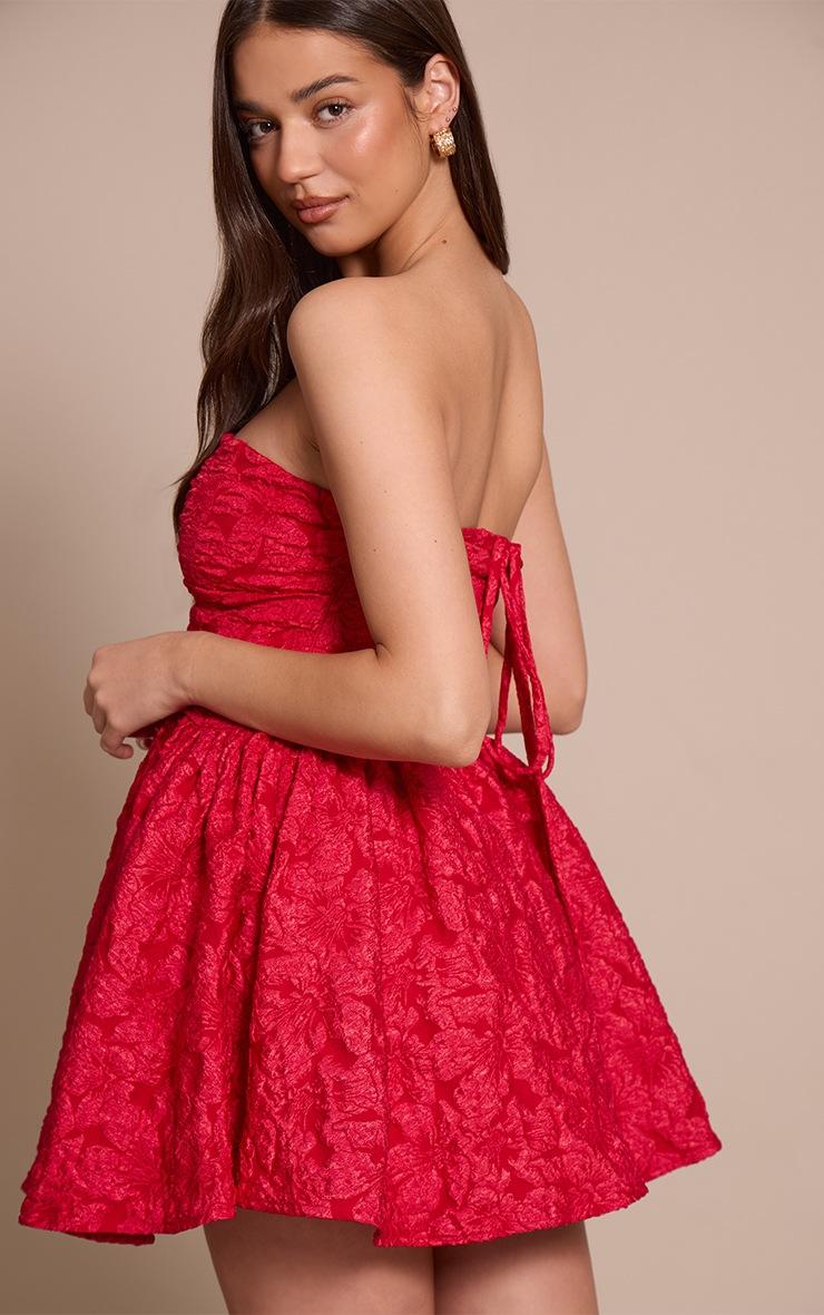 Pretty Little Thing Red Jacquard Bandeau Lace Up Back Shift Dress