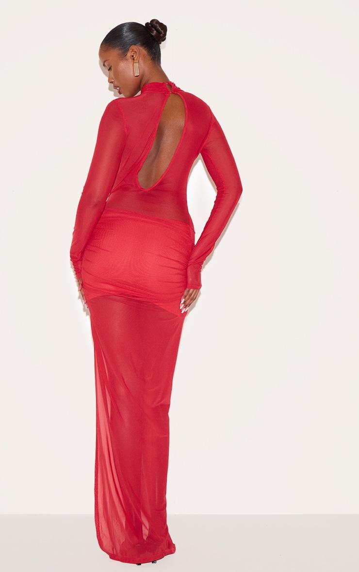 Pretty Little Thing Red Mesh Crossover Bust Detail Ruched Skirt Maxi Dress