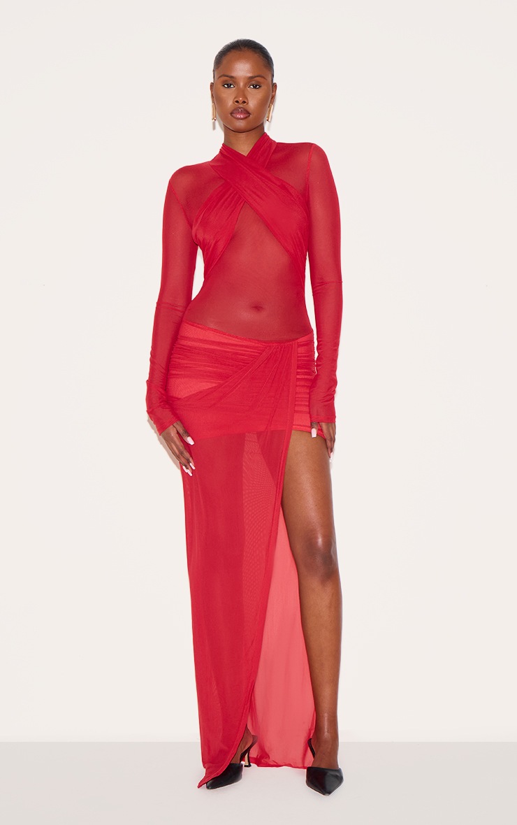Pretty Little Thing Red Mesh Crossover Bust Detail Ruched Skirt Maxi Dress