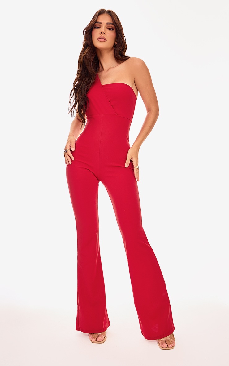 Pretty Little Thing Red One Shoulder Drape Detailed Jumpsuit